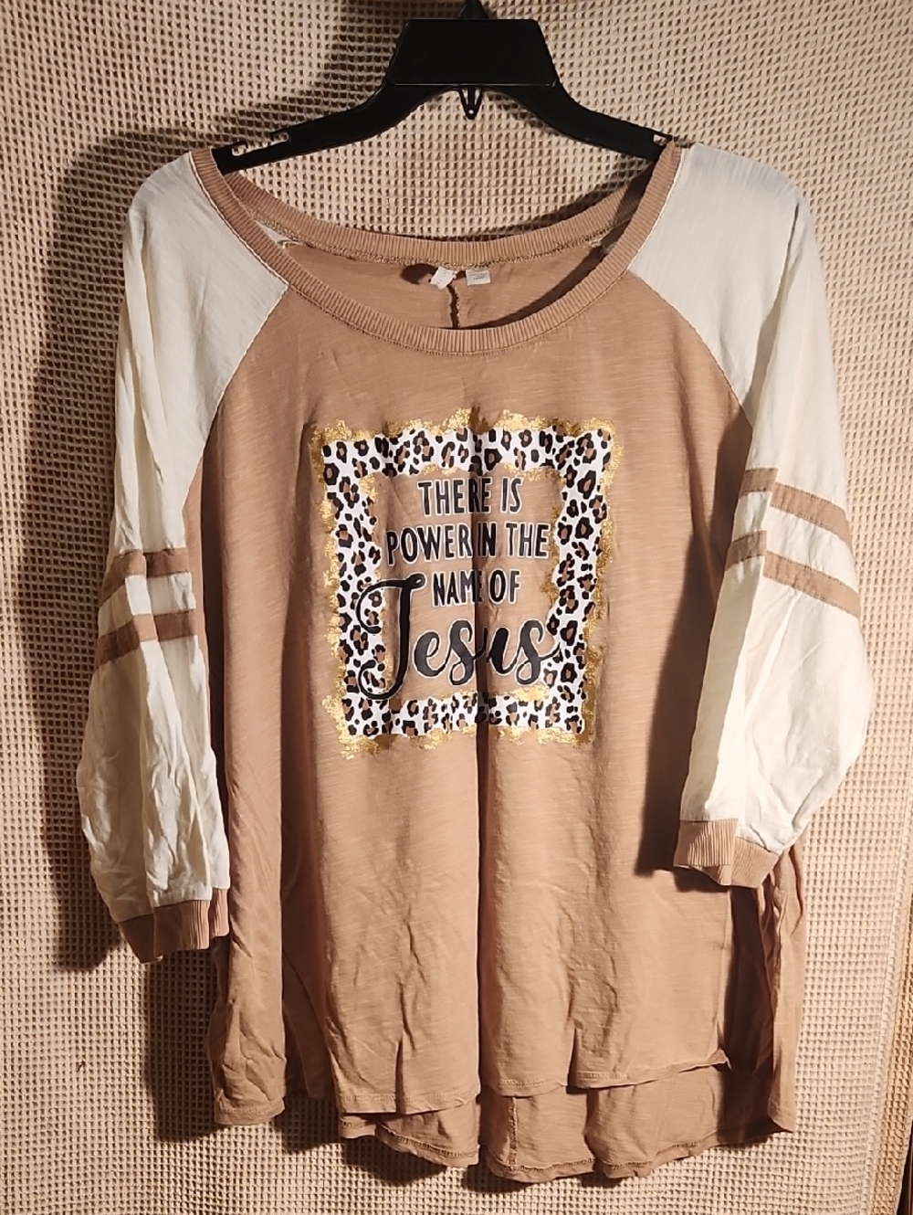 Cato Tan and White Raglan Sleeve Tee with Leopard Jesus Graphic
